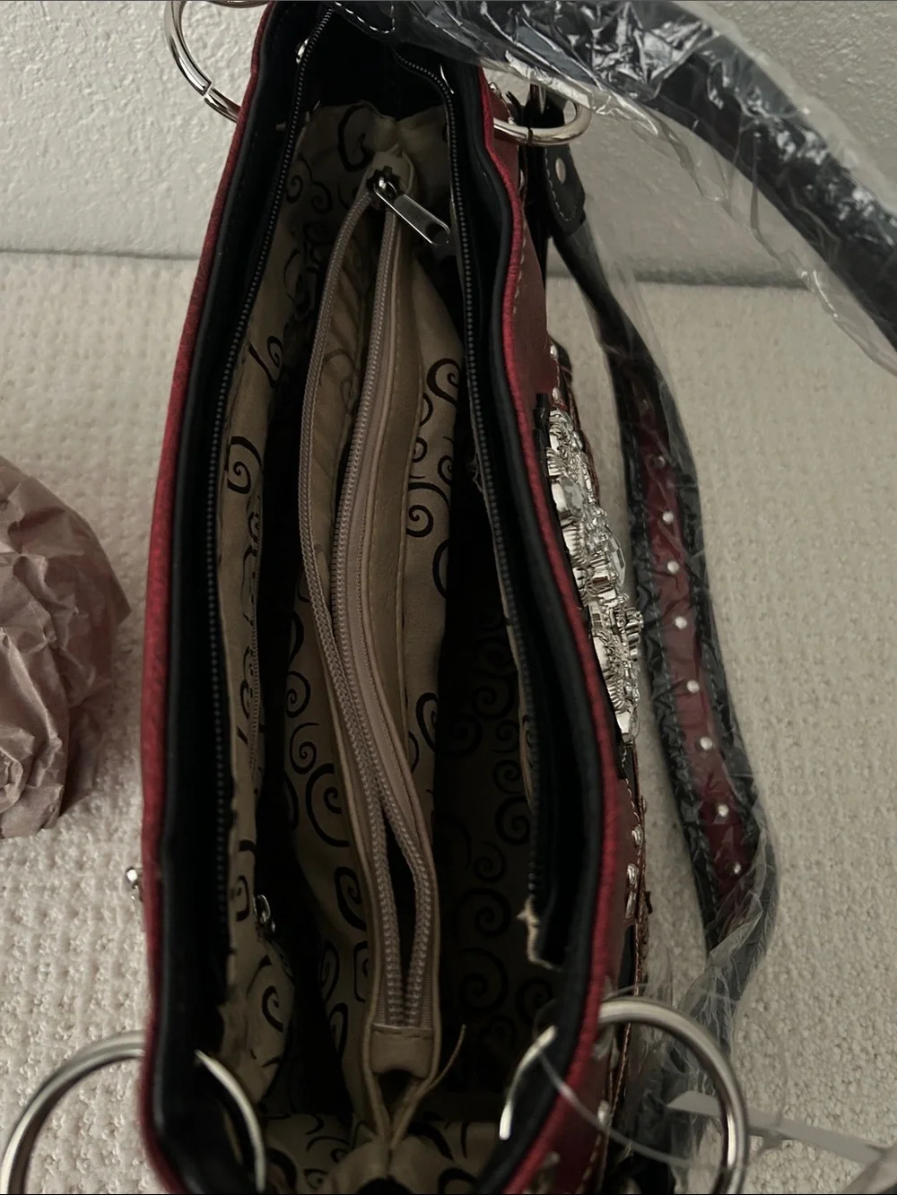 Women's Western Red and Black Embellished Cross Conceal and Carry Shoulder Bag